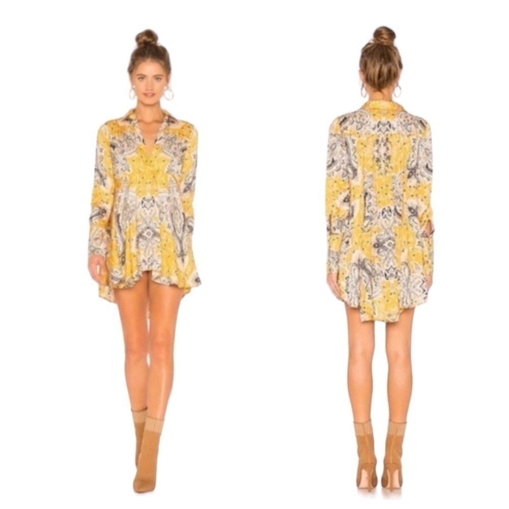 FREE PEOPLE Tunic Top Size S Paisley Boho Hi-Low Hem  Gold Clean Girl Coquette